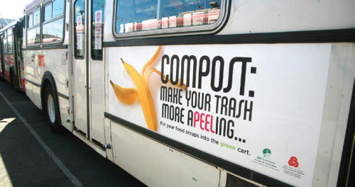 advertisement promoting composting on a bus